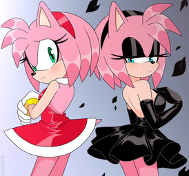 accessory alternate_timeline anthro armwear back_to_back backless_dress bare_back bare_shoulders black_armwear black_clothing black_dress black_elbow_gloves black_eyeshadow black_gloves black_hairband black_handwear blue_eyes bracelet breasts clothing dress duo elbow_gloves eyelashes eyeshadow female fur glistening glistening_clothing glistening_eyes gloves gold_(metal) gold_bracelet gold_jewelry green_eyes hair hair_accessory hairband handwear jewelry looking_at_viewer makeup pink_body pink_fur pink_hair red_clothing red_dress red_hairband simple_background square_crossover strapless_clothing strapless_dress white_clothing white_gloves white_handwear nico_neko sega sonic_the_hedgehog_(series) amy_rose eulipotyphlan hedgehog mammal 2024 hi_res