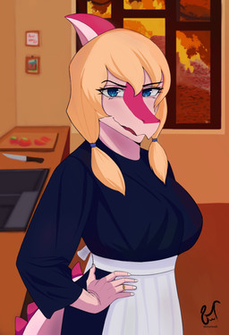 accessory anthro apron blonde_hair blue_eyes clothing female hair hair_accessory kitchen looking_at_viewer multicolored_body multicolored_scales pink_body pink_scales ring scales solo spiked_tail spikes spikes_(anatomy) tail two_tone_body two_tone_scales white_body white_scales window mochoo_8 cavemanon_studios i_wani_hug_that_gator mia_moretti dinosaur hadrosaurid ornithischian ornithopod parasaurolophus prehistoric_species reptile scalie absurd_res hi_res