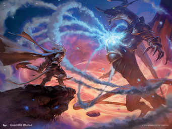 anthro armor axe cape chest_armor claws clothing digitigrade duo feral glowing glowing_eyes hair holding_axe holding_object horn magic male membrane_(anatomy) membranous_wings open_mouth pauldron size_difference tail white_body white_hair wind wings slawomir_maniak hasbro magic:_the_gathering mythology wizards_of_the_coast ajani_goldmane nicol_bolas catfolk dragon felid leonin lion mammal mythological_creature mythological_scalie pantherine scalie 2018 4:3 digital_media_(artwork) official_art