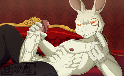 abs anthro beckoning big_penis black_bottomwear black_clothing black_pants bottomwear buckteeth clothing eyewear facial_scar fur furniture genitals gesture glans gloves handwear holding_penis male monocle muscular muscular_anthro muscular_male nipples on_sofa orange_eyes pants penis red_glans red_nipples scar sofa solo teeth vein veiny_penis white_body white_fur blackbear capcom devil_may_cry white_rabbit_(dmc) demon demon_rabbit lagomorph leporid mammal rabbit 2025
