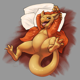 3_toes 4_fingers ambiguous_gender anthro bedding bedding_background biped brown_body clothed clothing featureless_crotch feet fingers hoodie looking_at_viewer lying null on_back open_mouth open_smile pillow seductive smile solo spread_legs spreading tail tailbutt toes tongue tongue_out topwear haychel kobold scalie 2023 absurd_res hi_res