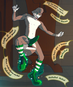 5_fingers ambiguous_gender anthro balls body_control brick_wall briefs bulge bullying chair clothed clothing clover_(plant) clover_leaf courtroom cursed_object erection erection_under_clothing fingers footwear forced forced_exposure fur furniture genitals glowing glowing_clothing green_briefs green_clothing green_eyes green_footwear green_shoes green_underwear grey_body grey_fur group humiliation humiliation_fetish laugh leaf legwear looking_down magic male muscular open_mouth out_of_frame partially_clothed pattern_clothing pattern_legwear plant podium public public_humiliation raised_arms raised_leg shoe_fetish shoelaces shoes socks sparkles speech_bubble stone_floor striped_clothing striped_legwear stripes tap_dancing tap_shoes teasing text throne underwear wall_(structure) white_body white_fur thrasian crisp_the_wolf animate_inanimate canid canine canis mammal wolf hi_res