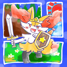 ambiguous_anthro ambiguous_gender anthro biped blush blush_stickers crown cute_fangs detailed_background digitigrade dipstick_tail fangs flower food front_view headgear holding_object holding_shield holding_swordsun looking_at_viewer markings object_in_tail open_mouth open_smile outside plant shield shrimp_(food) sky smile snout solo standing star_polygon tail tail_markings teeth tree annyui0611 nintendo pokemon ambient_bird braixen canid generation_6_pokemon mammal pokemon_(species) 1:1 2024 digital_drawing_(artwork) digital_media_(artwork) full-length_portrait hi_res japanese_description portrait translated_description