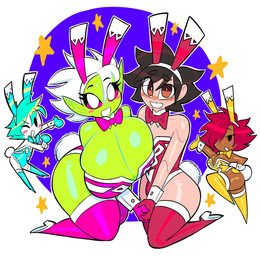 antennae_(anatomy) big_breasts blue_hair blush boots bow_tie breasts brown_body brown_hair brown_skin bulge cleavage clothed clothing crossdressing curvy_figure fake_ears fake_rabbit_ears female femboy fingers footwear gloves green_body green_skin group hair half-closed_eyes hand_holding handwear high_heeled_boots high_heels huge_breasts human_on_humanoid humanoid_pointy_ears interlocked_fingers interspecies kneeling legwear looking_at_viewer male male/female narrowed_eyes pointy_ears purple_hair shirt_collar shirt_cuffs shoes thick_thighs thigh_boots thigh_highs tight_clothing voluptuous white_body white_hair white_skin wide_hips theguywhodrawsalot penny_(theguywhodrawsalot) sara_(theguywhodrawsalot) valerie_(theguywhodrawsalot) alien alien_humanoid human humanoid mammal hi_res