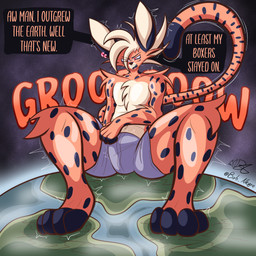 anthro body_size_growth boxer_briefs boxers_(clothing) boxers_only bulge clothed clothing cracked_ground cracks dialogue ear_piercing earth glistening glistening_body glistening_chest glistening_thighs growing growth growth_lines macro male markings onomatopoeia paws pecs piercing planet size_transformation solo sound_effects space speech_bubble spots spotted_body star terra_macro text topless transformation underwear underwear_only birb_allegro macro_march felid feline mammal serval 1:1 absurd_res english_text hi_res