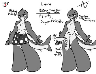2_penises anthro bodily_fluids cum genital_fluids genitals male multi_genitalia multi_penis penis solo text awesome_writes lance_(awesome_writes) aquatic fish great_white_shark mackerel_shark shark white_shark english_text model_sheet nonbinary_(lore)