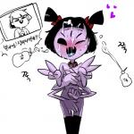 black_eyes black_hair blue_tongue blush clothing collar covering covering_self duo female hair heart_symbol legwear mostly_nude open_mouth purple_body purple_skin ribbons solo_focus standing stockings text tongue lakilolom undertale undertale_(series) frisk_(undertale) muffet animal_humanoid arachnid arachnid_humanoid arthropod arthropod_humanoid human humanoid mammal spider_humanoid 1:1 2015 korean_text translated