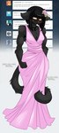 2018 accessory anthro biceps black_body black_fur black_hair blush breasts bridesmaid chalo chest_tuft clothed clothing domestic_cat dress embarrassed english_text felid feline felis female flower flower_in_hair fur hair hair_accessory hi_res las_lindas mammal muscular muscular_anthro muscular_female plant rachael_saleigh solo text tuft yellow_eyes
