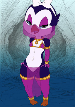 accessory anklet anthro armlet bangle beak bikini bow_ribbon bracelet clothing eyeshadow female flat_chested genitals hair_accessory hairband jewelry makeup mouth_veil navel navel_piercing neck_ring necklace pelvic_curtain piercing solo swimwear thick_thighs translucent triangle_bikini two-piece_swimsuit veil vulva wide_hips young joykill disney ducktales skittles_(ducktales) avian bird penguin hi_res