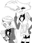 anthro clothed clothing do_not_distribute duo female gesture hand_gesture male middle_finger simple_background white_background enaic31 hazbin_hotel angel_dust charlie_morningstar arachnid arthropod demon demon_humanoid humanoid spider absurd_res hi_res monochrome