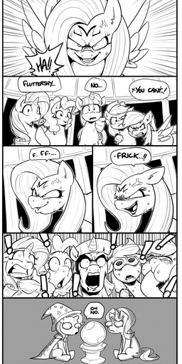 blush bodily_fluids cape clothed clothed_feral clothing cross-popping_vein dialogue exclamation_point eyebrows eyelashes female feral group hair hooves horn long_hair majin_mark motion_lines open_mouth quadruped shocked speech_bubble sweat talking_feral teeth text unicorn_horn wings shoutingisfun dragon_ball dragon_ball_z friendship_is_magic hasbro my_little_pony mythology applejack_(mlp) fluttershy_(mlp) pinkie_pie_(mlp) rainbow_dash_(mlp) rarity_(mlp) starlight_glimmer_(mlp) trixie_(mlp) twilight_sparkle_(mlp) earth_pony equid equine horse mammal mythological_creature mythological_equine pegasus pony unicorn winged_unicorn black_and_white comic crossover english_text hi_res monochrome