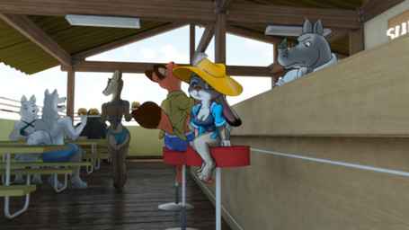 3d_background anthro bikini bottomwear breasts brown_body brown_fur butt clothing female food fur furniture grey_body grey_fur group hat headgear headwear jacket male open_mouth purple_eyes sitting stool swimming_trunks swimwear table topwear tray two-piece_swimsuit white_body white_fur leondraw disney zootopia judy_hopps nick_wilde canid canine canis deer european_rabbit fox lagomorph leporid mammal oryctolagus rabbit red_fox rhinoceros true_fox wolf 16:9 2017 3d_(artwork) digital_media_(artwork) mixed_media widescreen