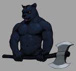 anthro axe black_body black_fur breasts felid fffffolder fur hi_res jaguar kemono male mammal melanistic melee_weapon moobs muscular muscular_male navel nipples nude pantherine pubes scar simple_background solo tongue tongue_out weapon