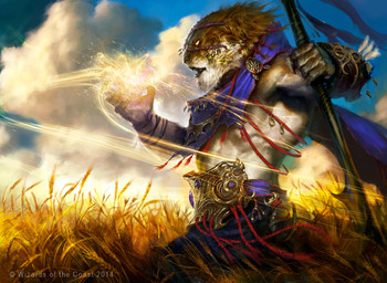 anthro cloak clothing field magic magic_user male melee_weapon outside polearm solo spell staff weapon mathias_kollros hasbro magic:_the_gathering wizards_of_the_coast catfolk felid leonin mammal official_art