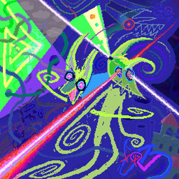 abstract_background ambiguous_gender anthro castle green_body green_skin laser multicolored_eyes open_mouth solo surrealism demensa alien unknown_species 1:1 2023 colorful_theme digital_media_(artwork) pixel_(artwork)