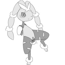 3_fingers anthro band-aid band-aid_on_genitals band-aid_on_pussy bandage black_sclera blush blush_lines female fingers leg_markings looking_at_viewer markings on_one_leg onomatopoeia scratching simple_background socks_(marking) solo sound_effects standing text white_background hurai_of_kaki nintendo pokemon generation_6_pokemon mega_evolution mega_lopunny pokemon_(species) 1:1 2025 digital_media_(artwork) greyscale hi_res japanese_text monochrome translated