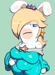 anthro anthro_focus big_breasts breasts clothing crown curvy_figure dress ear_piercing ear_ring female fur hair hair_over_eye half-closed_eyes headgear looking_at_viewer narrowed_eyes piercing ring_piercing short_stack simple_background solo white_body white_fur shushsalmon mario_plus_rabbids_sparks_of_hope nintendo raving_rabbids rayman_(series) ubisoft rabbid_rosalina lagomorph mammal rabbid hi_res