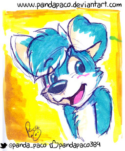 anthro blue_body blue_eyes blue_fur blue_hair dipstick_ears ear_markings floppy_ears fur glistening glistening_eyes glistening_nose hair logo male male_anthro multicolored_ears open_mouth open_smile pink_tongue short_hair simple_background smile solo text tongue white_body white_fur young young_anthro young_male pandapaco canid canine mammal artist_logo signature url