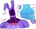 5_fingers annoyed anthro big_butt black_nose blue_body blue_fur bow_tie butt dialogue duo eyeshadow faceless_character faceless_male fingers fur green_eyes long_ears makeup male male/male purple_body purple_eyeshadow purple_fur red_bow_tie red_cheeks red_eyes sharp_teeth small_tail tail teeth text paulpla five_nights_at_freddy's five_nights_at_freddy's_2 scottgames toy_bonnie_(fnaf) withered_bonnie_(fnaf) lagomorph leporid mammal rabbit 2025 digital_media_(artwork) english_text meme