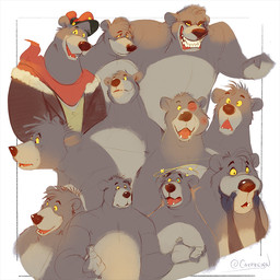 anthro bared_teeth bruised bruised_eye clothing disembodied_hand expressions face_grab grin light male pilot_uniform seeing_stars smile solo teeth yellow_sclera cathricorn disney talespin the_jungle_book baloo bear mammal sloth_bear ursine 1:1 digital_media_(artwork) lighting multiple_images sketch_page