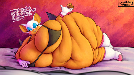 anthro bed bedroom_eyes belly big_belly big_breasts black_bra black_clothing black_nose black_underwear blue_eyeshadow blush bottomless bra breast_squish breasts cake chubby_cheeks clothed clothing deep_navel dessert dialogue dominant dominant_anthro dominant_female eyelashes eyeshadow feeder feederism feeding_viewer female first_person_view flirting flirting_with_viewer food footwear furniture gloves grin hair handwear holding_cake holding_food holding_object huge_belly huge_breasts huge_thighs hyper hyper_breasts inside lips lying lying_on_bed makeup morbidly_obese morbidly_obese_anthro morbidly_obese_female mutual_weight_gain narrowed_eyes navel obese obese_anthro obese_female on_bed on_side open_mouth open_smile overweight overweight_anthro overweight_female pink_lips red_background seductive shoes simple_background smile smiling_at_viewer smirk solo squish submissive submissive_pov talking_to_viewer tan_body tan_inner_ear teal_eyes teasing teasing_viewer teeth text thick_thighs tight_clothing underwear weight_conscious weight_gain white_clothing white_ears white_footwear white_gloves white_hair white_handwear white_shoes wenisberry sega sonic_the_hedgehog_(series) rouge_the_bat bat mammal 16:9 2025 colored dated digital_media_(artwork) english_text hi_res shaded signature widescreen