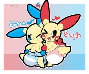 annoyed border clothed clothing diaper duo gradient_background heart_symbol hug hugging_another one_eye_closed open_mouth open_smile simple_background smile text wearing_diaper white_border fairyfudge nintendo pokemon generation_3_pokemon minun plusle pokemon_(species) 6:5 artist_name digital_media_(artwork)