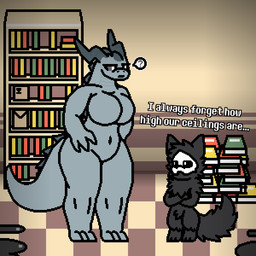 anthro big_breasts black_body book bookshelf breasts dialogue duo featureless_breasts featureless_crotch female floor furniture grey_body horn looking_at_another male mask mature_female nude size_difference tail tile tile_floor pfluffyskeleton changed_(video_game) mythology milfnir puro_(changed) canid canine dragon mammal mythological_creature mythological_scalie reptile scalie 1:1 digital_media_(artwork) hi_res pixel_(artwork)