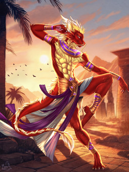 4_toes 5_fingers abs anklet anthro barefoot blonde_hair body_hair bracelet chest_fur chest_hair chest_tuft claws clothed clothing digitigrade egyptian egyptian_architecture egyptian_clothing fantasy feet finger_claws fingers fluffy fluffy_ears fluffy_hair fluffy_neck_fur fluffy_tail fur gold_(metal) gold_jewelry hair horn jewelry looking_at_viewer male multicolored_body multicolored_fur nipples outside purple_eyes red_body red_fur red_hair smile solo tail tail_tuft toes tuft whiskers yellow_body yellow_fur moonymoth asian_mythology east_asian_mythology egyptian_mythology middle_eastern_mythology mythology vitamin_c_(forwardpickup) dragon eastern_dragon mammal mythological_creature mythological_scalie scalie digital_drawing_(artwork) digital_media_(artwork) hi_res