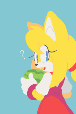 anthro bangs blue_eyes clothing female food fruit gloves handwear looking_at_viewer melon open_mouth plant question_mark simple_background solo watermelon amberuzkaa sega sonic_boom sonic_the_hedgehog_(series) zooey_the_fox canid canine fox mammal 2018 2:3 unavailable_at_source