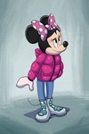 anthro black_body bow_(feature) clothed clothing coat female footwear gloves handwear headgear headwear jacket puffy_jacket shoes simple_background solo topwear winter_clothing winter_coat leogcady disney minnie_mouse mammal mouse murid murine rodent digital_media_(artwork) full-length_portrait hi_res portrait