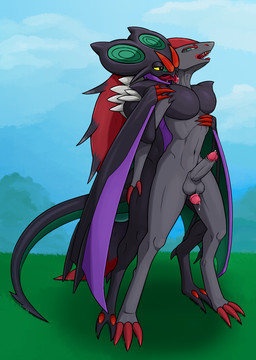 anthro balls black_body bodily_fluids duo erection from_behind_position genitals humanoid_genitalia humanoid_penis licking male male/male outside penis purple_body saliva sex standing thigh_sex tongue zagelt nintendo pokemon generation_5_pokemon generation_6_pokemon noivern pokemon_(species) zoroark hi_res