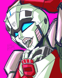 blue_eyes female machine metallic_body not_furry pink_background red_body sharp_teeth simple_background solo teeth tongue tongue_out dumbdelvon hasbro takara_tomy transformers arcee cybertronian humanoid robot robot_humanoid 2023 absurd_res hi_res