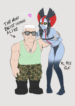 5_toes anthro bandeau biped black_bandeau black_boots black_bottomwear black_clothing black_footwear black_hair black_loincloth black_topwear blue_body blue_skin bodypaint boots bottomwear breasts camo camo_bottomwear camo_clothing camo_pants camo_print clothed clothed_anthro clothed_female clothed_human clothed_male clothing collarbone directional_arrow dog_tags duo eyewear face_paint facial_scar feet female female_anthro footwear glasses grey_background hair headdress heart_symbol human_on_anthro interspecies jewelry larger_anthro larger_female loincloth looking_at_viewer male male/female male_human medium_breasts military_uniform muscular muscular_human muscular_male necklace pants pattern_bottomwear pattern_clothing pattern_pants racism red_bodypaint scar shoes side_hug simple_background size_difference skimpy slim_anthro slim_female smaller_human smaller_male smile smiling_at_viewer text toes topwear tribal tribal_clothing under_boob uniform wearing_glasses white_hair yellow_eyes thuarts james_cameron's_avatar miles_quaritch varang_(avatar) alien alien_humanoid animal_humanoid felid felid_humanoid feline feline_humanoid human humanoid mammal mammal_humanoid na'vi 2025 absurd_res digital_media_(artwork) english_text hi_res meme sketch