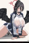 big_breasts black_body black_feathers black_hair breasts clothing feathers female hair not_furry shirt solo text topwear wet wet_clothing wet_shirt wet_topwear wings club3 blue_archive hasumi_(blue_archive) humanoid winged_humanoid hi_res url