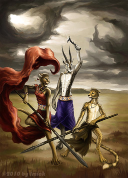 4_toes 5_fingers africa anthro armband bottomwear bracelet claws clothed clothing cloud dagger digitigrade ear_piercing fangs feet female fingers front_view fur grass grey_body grey_fur group hooves horn jewelry knife landscape loincloth male markings melee_weapon mountain navel necklace nipples outside overcast paws pendant piercing plant polearm raised_arm savanna sky spear spots standing tail teeth toe_claws toes topless tribal weapon yellow_body yellow_fur imiak eurofurence serengeti antelope bovid cheetah felid feline gazelle lion mammal pantherine 2010 hi_res
