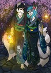 anthro asian_clothing cherry_blossom cherry_blossom_tree cherry_tree clothing east_asian_clothing fireworks flower fruit_tree heterochromia japanese_clothing kimono multi_tail plant prunus_(flower) tail tree nikorokumitsero aleu_moonshadow fang56 canid canine fox mammal absurd_res hi_res