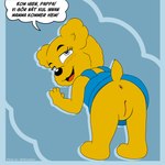 anus bottomless butt clothed clothing dialogue female genitals imminent_incest overalls pussy solo text young inprogress bamse nalle_maja_(bamse) bear mammal absurd_res hi_res swedish_text