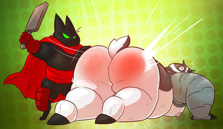 anthro big_butt butt butt_slap duo embarrassed huge_butt male male/male paddle red_butt robot_arm shortstack shortstack_male slap spank_marks spanking haxsmack cartoon_network mao_mao:_heroes_of_pure_heart badgerclops sheriff_mao_mao_mao badger domestic_cat felid feline felis mammal mustelid musteline hi_res
