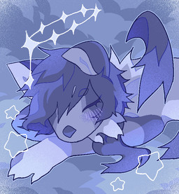 anthro blush eyes_closed fur grey_body grey_hair hair hair_over_eyes halo sharp_teeth sleeping solo teeth white_body white_fur wings vinqock reina_(vinqou) canid canine fox mammal platinum_fox red_fox true_fox 2025 animated trans_(lore) trans_woman_(lore)
