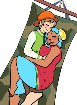 anthro blue_body blue_fur blue_wool bottomwear clothing cuddling duo eyes_closed feet female fur green_clothing green_jacket green_topwear hammock hat headgear headwear hooves horn human_on_anthro interspecies jacket male orange_clothing orange_hat orange_headwear red_clothing shorts slightly_chubby slightly_chubby_female smile thick_thighs topwear watermelon_print wool_(fur) lovetopullmicke animal_crossing nintendo wendy_(animal_crossing) bovid caprine human mammal sheep hi_res