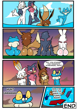 3_fingers 3_toes 4_fingers anthro balls big_breasts big_butt blue_balls blue_body blue_penis bodily_fluids breasts brown_body brown_fur brown_hair butt butt_size_difference clothing clothing_aside dialogue exhibitionism feet female fingers flaccid fur genitals group hair humiliation lost_swimsuit male male/female male/male micropenis nipples nude nude_anthro nude_female nude_male penis penis_size_difference pink_nipples red_nipples sitting skinny_dipping slim slim_anthro slim_female slim_male small_penis smile sunset sweat swimming_trunks swimwear text toes water white_balls white_body white_fur white_penis y_shaped_butt_crack birbpan nintendo pokemon amphibian avian canid canine eevee froakie frog generation_1_pokemon generation_3_pokemon generation_6_pokemon generation_8_pokemon lagomorph magikarp mammal pokemon_(species) scorbunny taillow comic english_text hi_res multiple_scenes