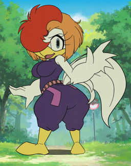 anime_style anthro beak big_breasts blue_eyes bottomwear breasts brown_hair clothing feathers female fluffy fluffy_tail gesture hair looking_at_viewer non-mammal_breasts oversized_bottomwear oversized_clothing oversized_pants pants purple_clothing retro_anime_style sleeveless_shirt solo tail thick_thighs waving wide_hips mobian_monster tart_(eto_rangers) avian bird chicken galliform phasianid absurd_res hi_res