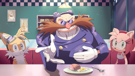 anthro blue_clothing blue_eyes blue_jacket blue_topwear clothing eyewear eyewear_on_head female food goggles goggles_on_head green_eyes group hair jacket looking_at_viewer male pink_hair red_clothing red_shirt red_topwear restaurant shirt topwear trio ririkuma idw_publishing sega sonic_the_hedgehog_(comics) sonic_the_hedgehog_(idw) sonic_the_hedgehog_(series) amy_rose dr._eggman miles_prower canid canine eulipotyphlan fox hedgehog human mammal hi_res
