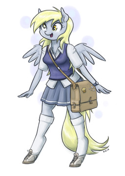 anthro anthrofied back_wings bag blonde_hair blue_clothing blue_sweater blue_sweater_vest blue_topwear blue_vest bottomwear breasts chest_tuft clock clothed clothing cross-eyed derp_eyes feathered_wings feathers female footwear fur geometric_background grey_body grey_bottomwear grey_clothing grey_fur grey_skirt hair hooves knee_highs knee_socks legwear messenger_bag open_mouth open_smile shirt shoes short_sleeved_shirt simple_background skirt smile sneakers socks solo sweater sweater_vest tail topwear tuft unguligrade vest watch white_background white_clothing white_collared_shirt white_footwear white_shirt white_socks white_topwear wings wristwatch yellow_tail king-kakapo friendship_is_magic hasbro my_little_pony mythology derpy_hooves_(mlp) equid equine mammal mythological_creature mythological_equine pegasus 2016 full-length_portrait hi_res portrait