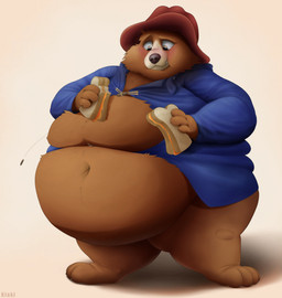 4_toes anthro belly big_belly big_cheeks black_nose blush brown_body brown_eyes brown_fur button_(fastener) button_pop clothing coat feet food fur hat headgear headwear male male_anthro marmalade_(food) morbidly_obese morbidly_obese_anthro morbidly_obese_male navel obese obese_anthro obese_male overweight overweight_anthro overweight_male sandwich_(food) tan_body tan_fur thick_thighs toes topwear wardrobe_malfunction conditional_dnp klaki_3000 paddington_and_company_limited paddington_bear bear mammal short-faced_bear hi_res