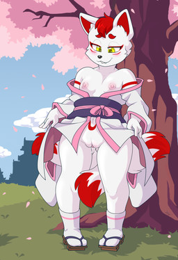 anthro asian_clothing blush bodily_fluids breasts cherry_blossom cherry_blossom_tree cherry_tree clitoris clothing east_asian_clothing facial_markings female flower footwear fruit_tree genital_fluids genitals glistening glistening_body head_markings japanese_clothing kimono leaking markings nipples outside plant presenting prunus_(flower) pussy_juice_leaking small_breasts socks solo standing tree undressing vaginal_fluids vulva young helsy canid canine fox mammal hi_res