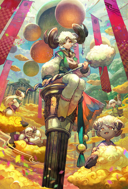 ambiguous_gender banner breasts butt cloud day detailed_background female feral group hair hooves horn long_hair looking_at_viewer outside short_hair sitting smile white_hair yarn yellow_eyes young lalalalack animal_humanoid bovid bovid_humanoid caprine caprine_humanoid goat humanoid mammal mammal_humanoid sheep sheep_humanoid 2015 hi_res