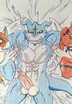 anthro armpit_fetish bedroom_sex blue_body bodily_fluids countershading cum cum_on_armpit genital_fluids genitals group male male/male muscular pecs penis red_body sex solo_focus tail trio wings dashthefox bandai_namco digimon mythology digimon_(species) dragon exveemon flamedramon guilmon mythological_creature mythological_scalie scalie absurd_res hi_res traditional_media_(artwork)