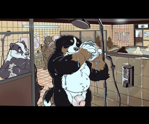 anthro balls belly eyes_closed flaccid genitals glans group heart_eyes heart_symbol male male/male navel nude overweight overweight_male penis sauna tail trio fibear bernese_mountain_dog canid canine canis domestic_dog mammal molosser mountain_dog swiss_mountain_dog 6:5 absurd_res hi_res