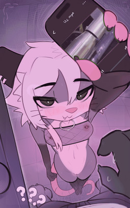 anthro black_eyebrows blinking blush blush_lines bodily_fluids bottomless breasts cellphone closed_smile clothed clothing countershading cute_fangs door doorway duo ear_piercing electronics eyebrows fangs female first_person_view fishnet_clothing fishnet_legwear fishnet_topwear fur grey_body grey_eyes grey_fur hair hairless_tail holding_cellphone holding_object holding_phone legwear looking_at_viewer looking_up looking_up_at_another looking_up_at_viewer male mouth_closed multicolored_body multicolored_fur narrowed_eyes nipple_piercing nipples phone piercing pink_fingers pink_nose pink_tail question_mark smile standing sweat sweatdrop tail teeth topwear vulva white_body white_fur white_hair cerf kayla_(gfpossy) american_opossum mammal marsupial 2025 animated hi_res